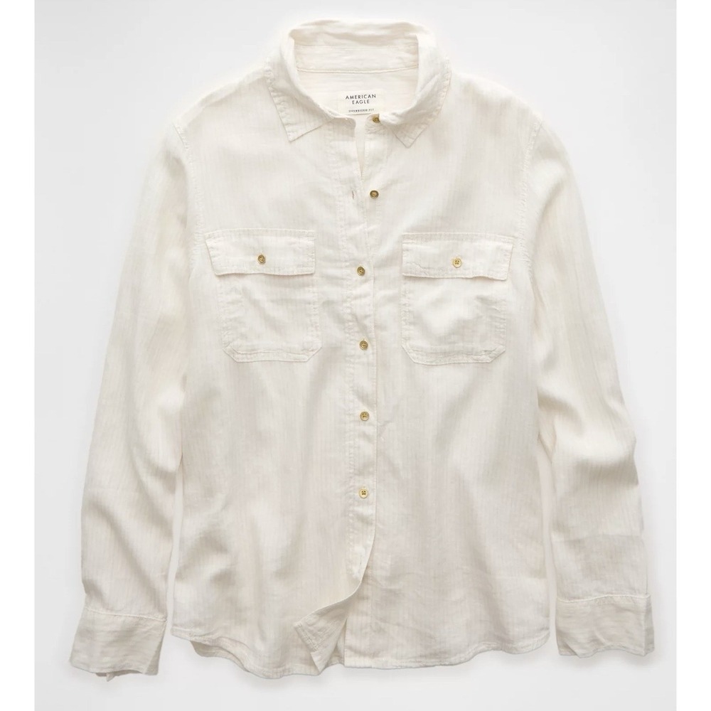 American Eagle Linen Blend Button Up Shirt Beachy Weekend Vibes Gold Buttons M